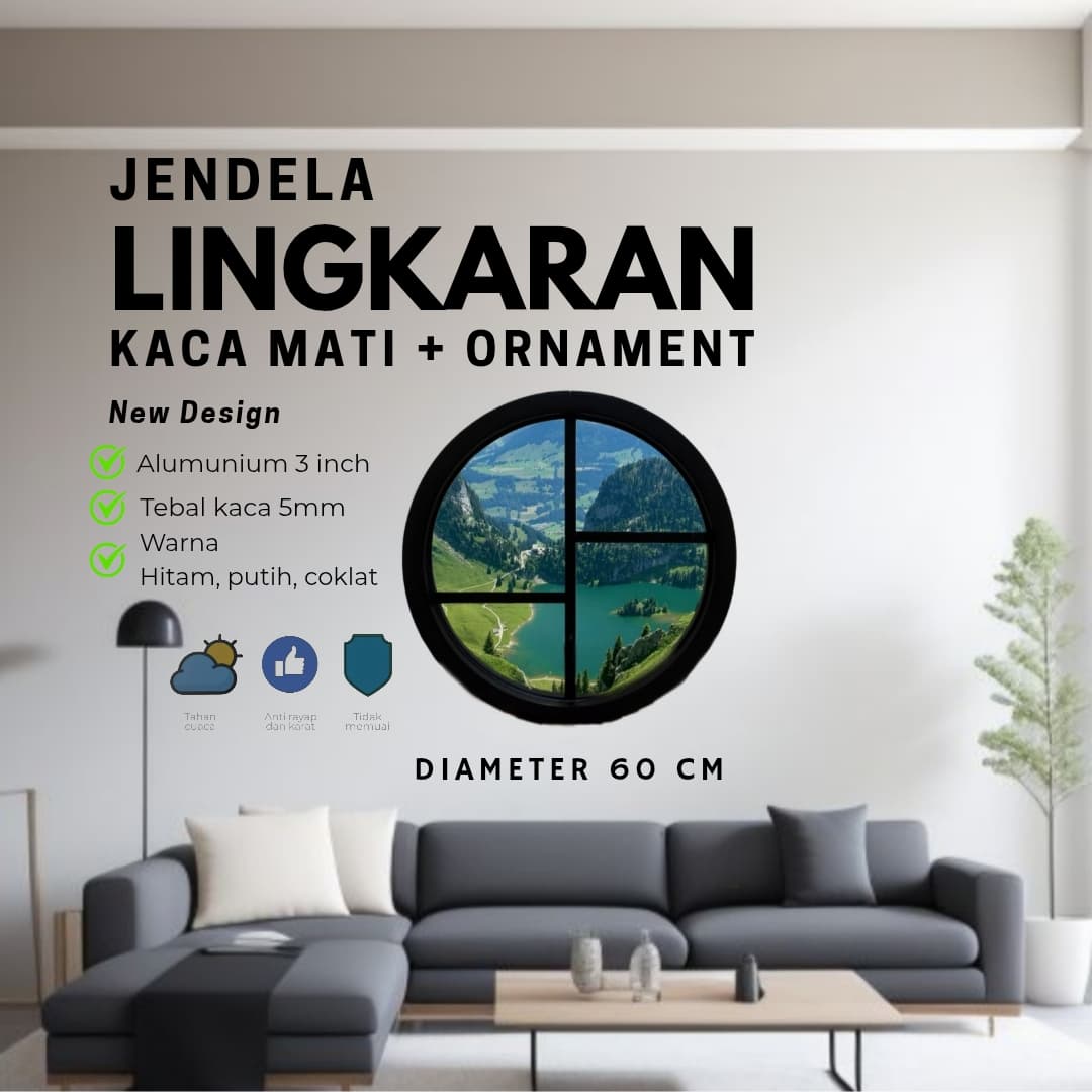 JENDELA LINGKARAN 3" ALUMINIUM LENGKUNG KACA MATI D. 60 CM + ORNAMENT 2 NEW DESIGN