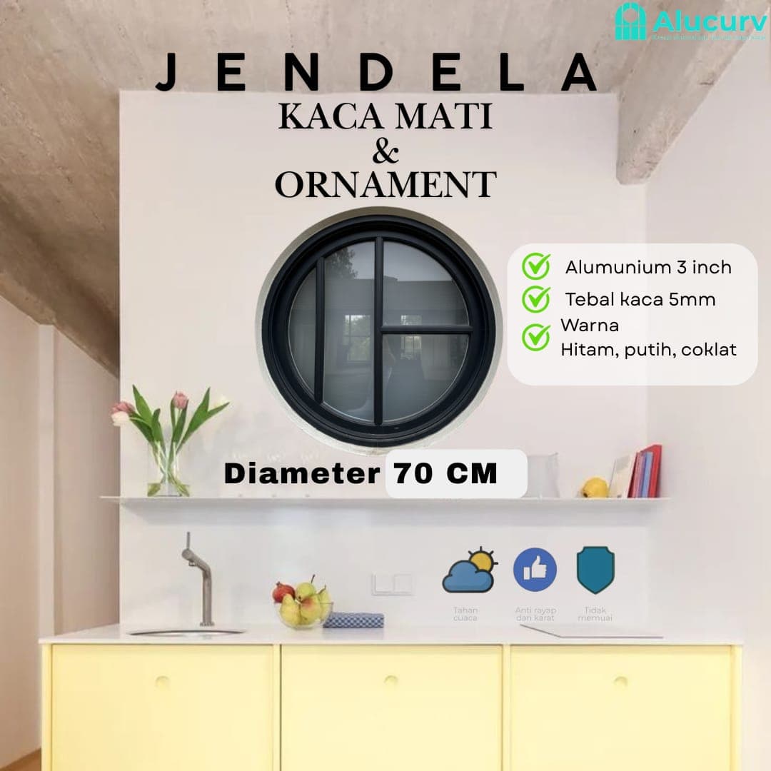 JENDELA LINGKARAN 3" ALUMINIUM LENGKUNG KACA MATI D. 70 CM + ORNAMENT 3
