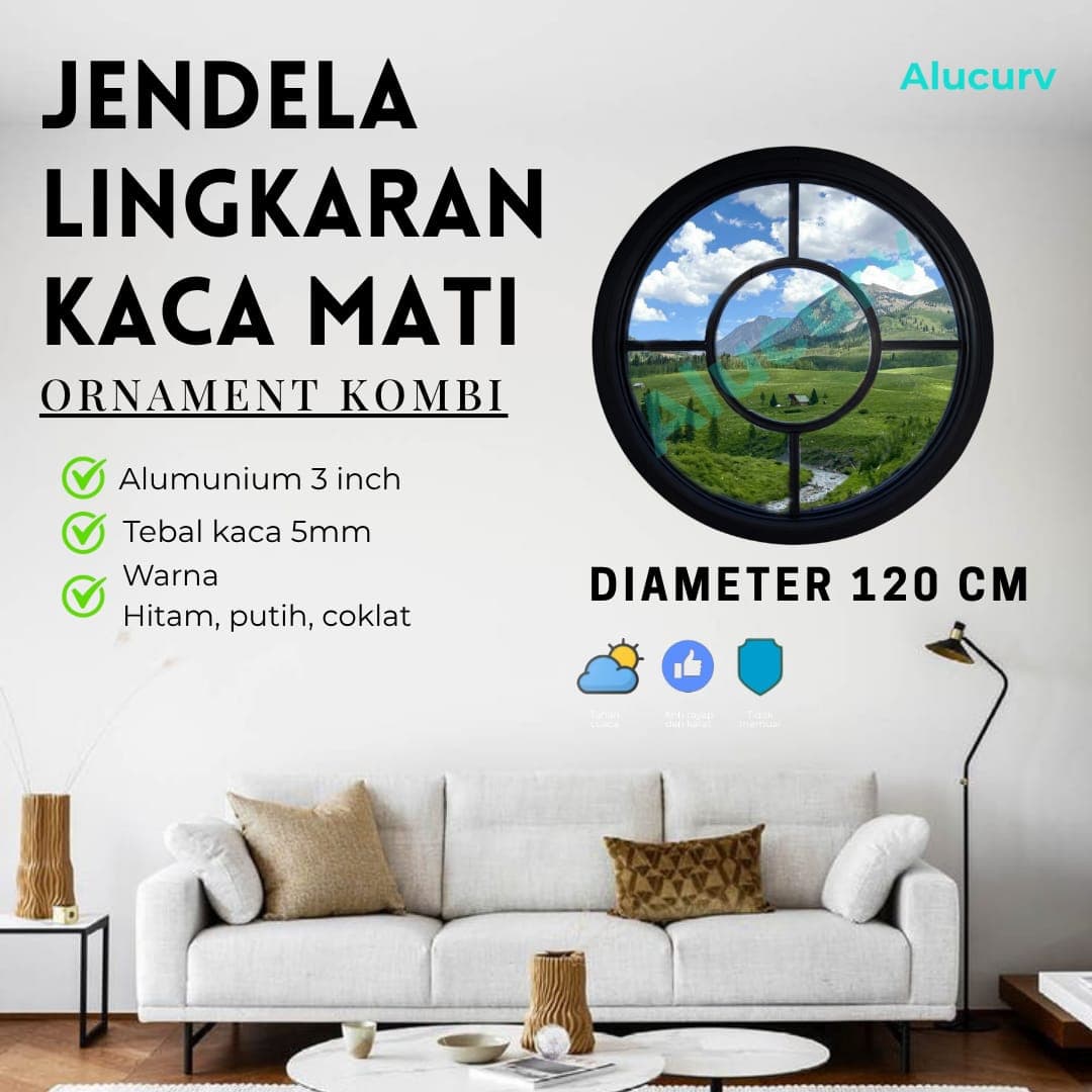 JENDELA LINGKARAN 3" ALUMINIUM LENGKUNG KACA MATI D. 120 CM + ORNAMENT KOMBI